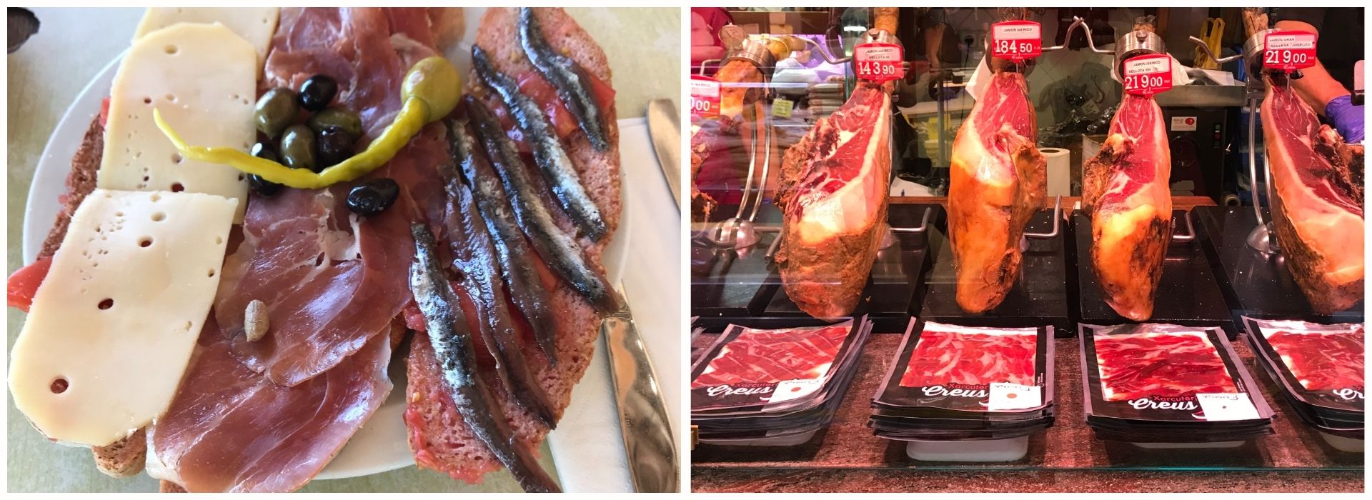 Fette di pa amb oli su piatto e prosciutti